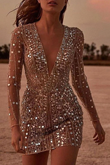 Clidress Sequin Deep V Neck Party Queen Dress
