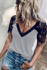 Clidress Lace Sleeve Striped T-shirt