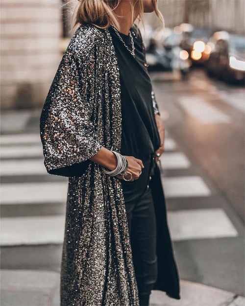 Clidress Sequin Placket Coat Long Cardigan