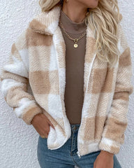 Clidress Zip Up Polar Soft Fleece Gingham Coat Jacket